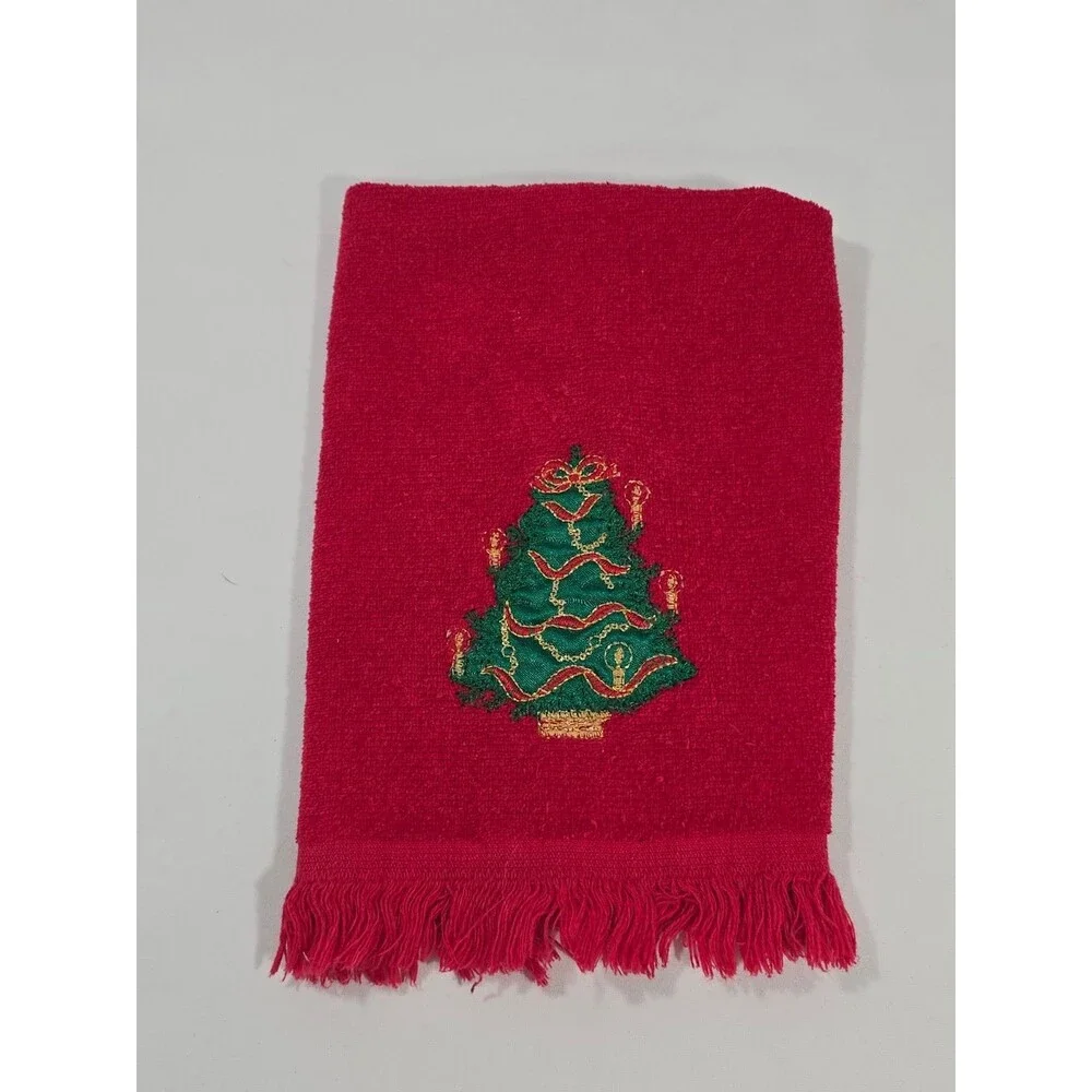 Vintage Lot Of 6 Red Christmas Finger Towels Hand Cannon & Misc Crossstitch
